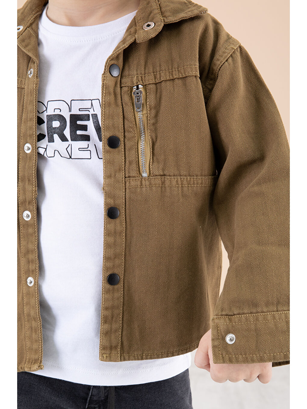 Kahverengi Erkek Çocuk Taba Fermuar Cepli Yazı Baskılı Tişörtlü Ceket 20093-3