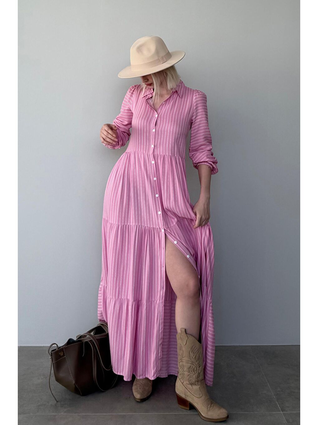 Pembe Düğmeli Puantiyeli Uzun Elbise Mg2404-3