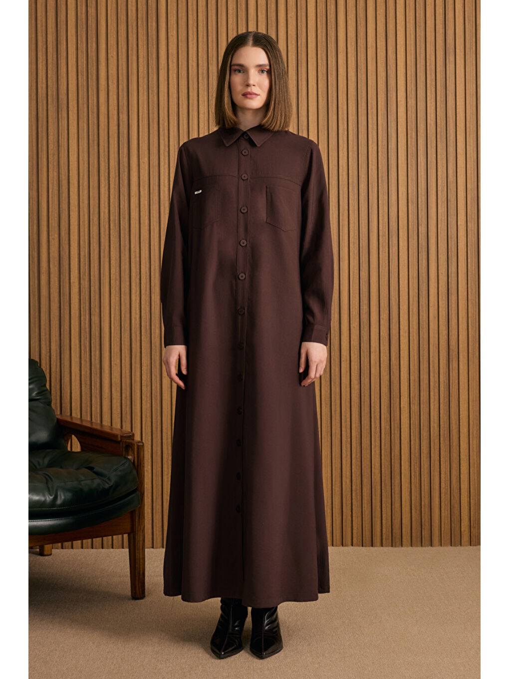 Kahverengi Önden Düğmeli Modal Gömlek Elbise