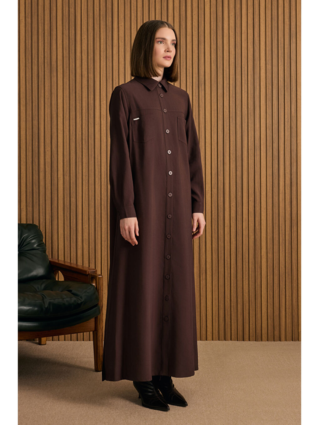 Kahverengi Önden Düğmeli Modal Gömlek Elbise-1