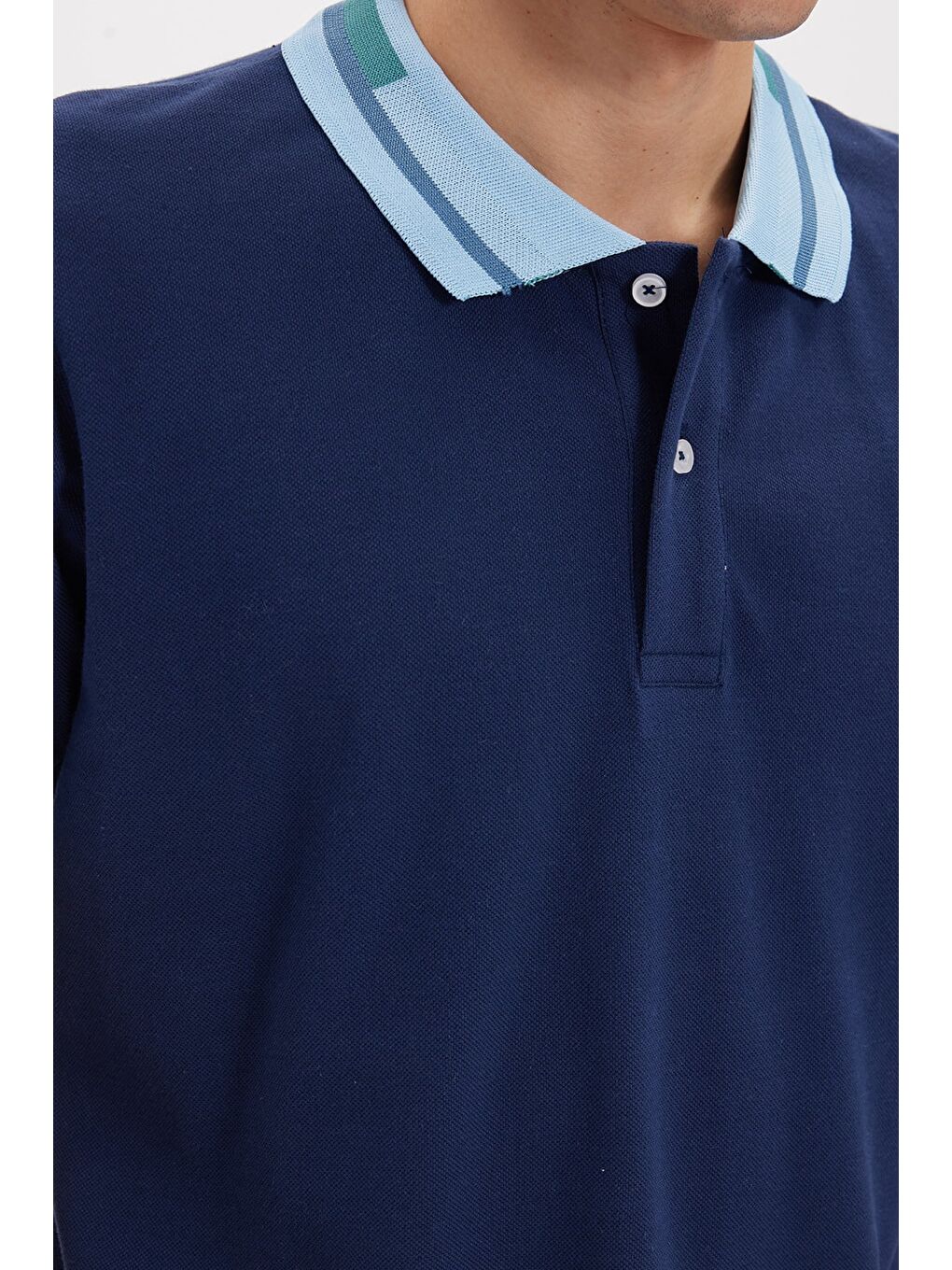 Erkek Slim Fit Dar Kesim %100 Pamuk Düz Pike Yaka Ve Kol Detaylı Lacivert Polo Yaka Tişört-4