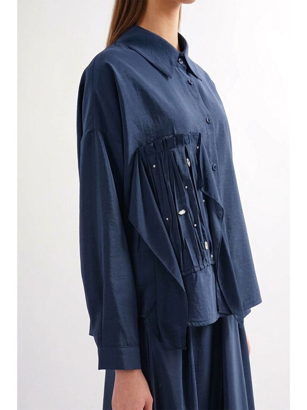 Şifon Detay Kraş ve Taş Süslemeli Dubai Takım 913 Lacivert-1