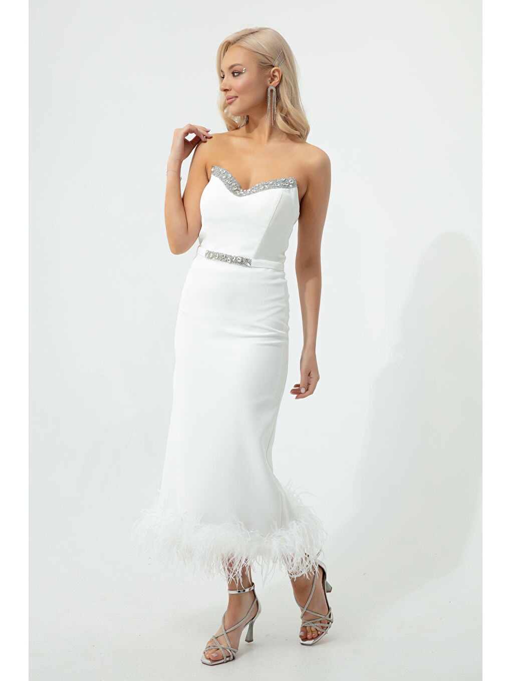 Kadın Beyaz Yakası Taşlı Otrişli Midi Abiye Elbise-3