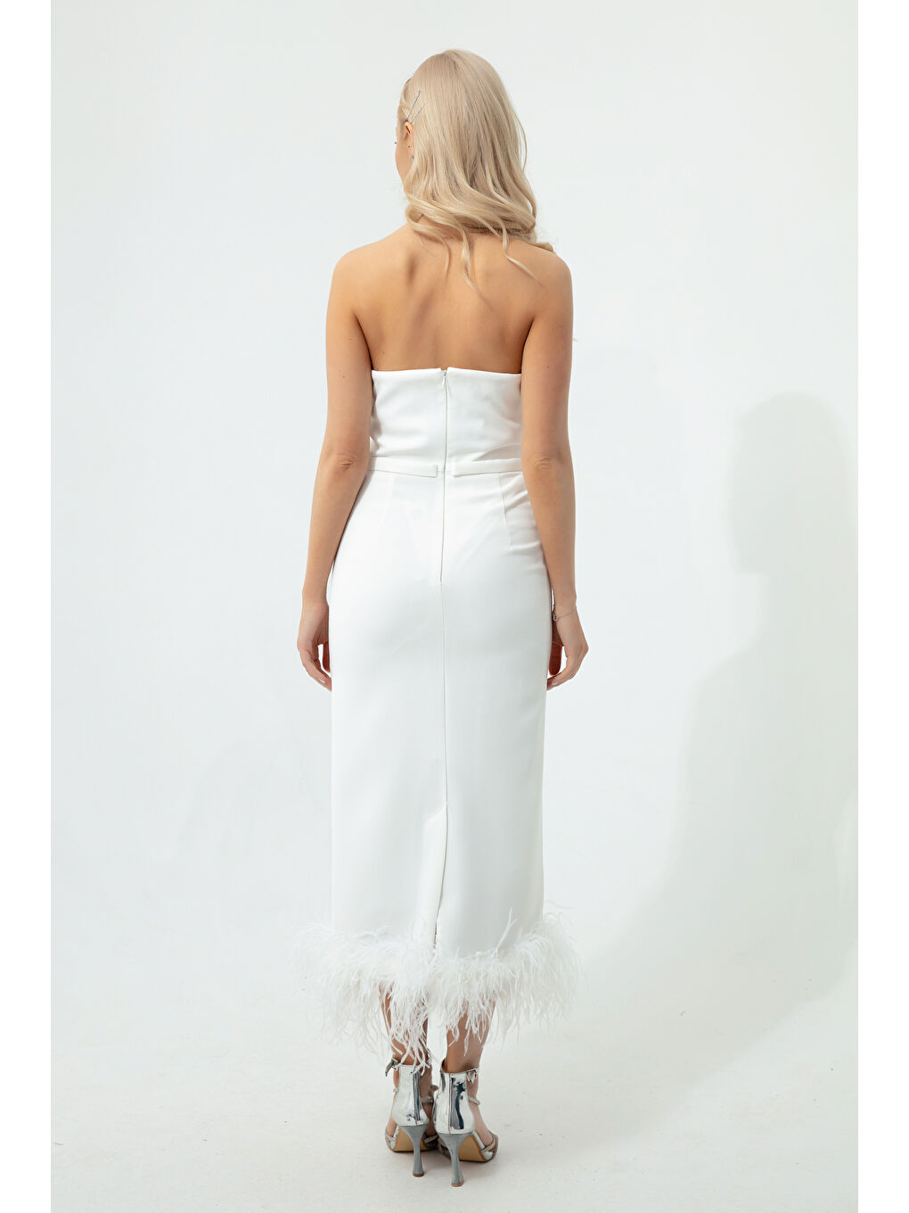 Kadın Beyaz Yakası Taşlı Otrişli Midi Abiye Elbise-4