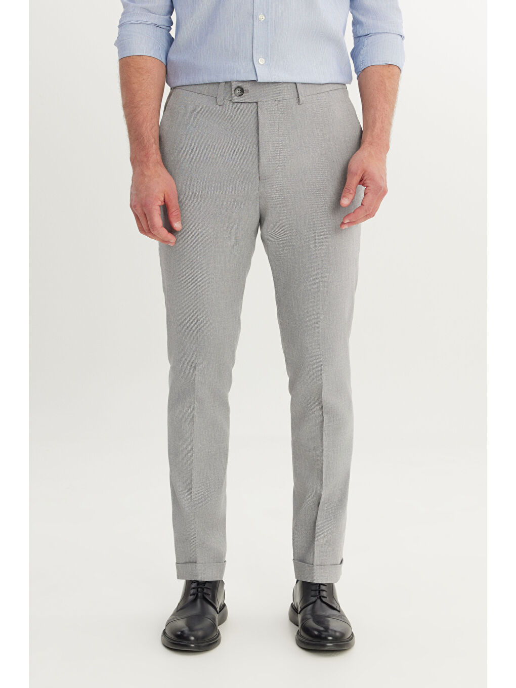 Erkek Gri Pamuklu Slim Fit Dar Kesim Yan Cepli Diagonal Desenli Casual Pantolon