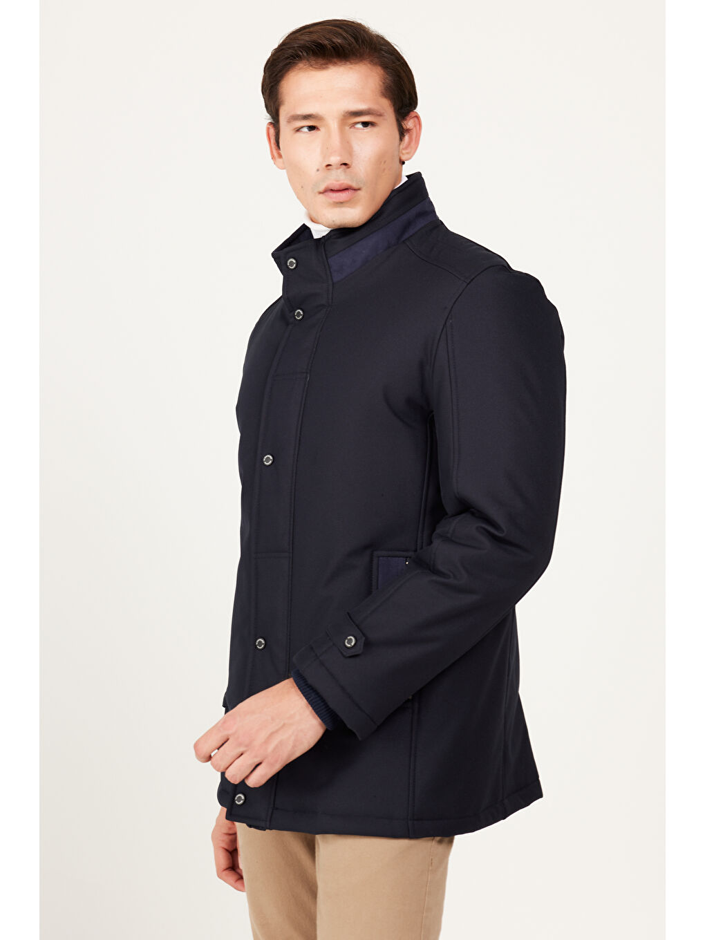 Erkek Lacivert Standart Fit Normal Kesim Dik Yaka Kaban-4