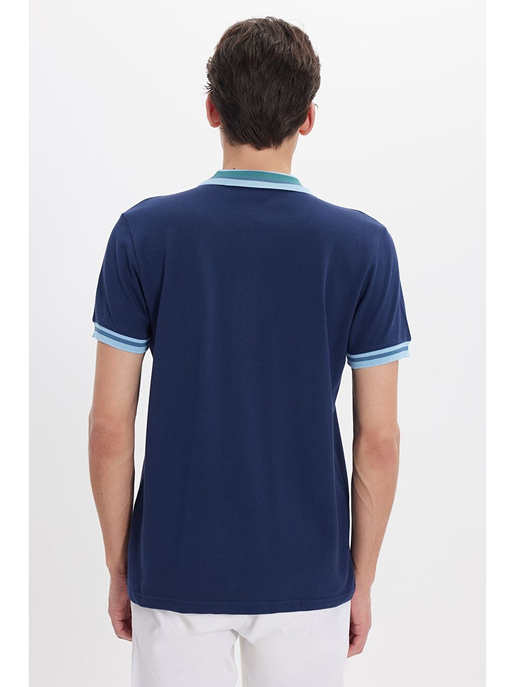 Erkek Slim Fit Dar Kesim %100 Pamuk Düz Pike Yaka Ve Kol Detaylı Lacivert Polo Yaka Tişört-5