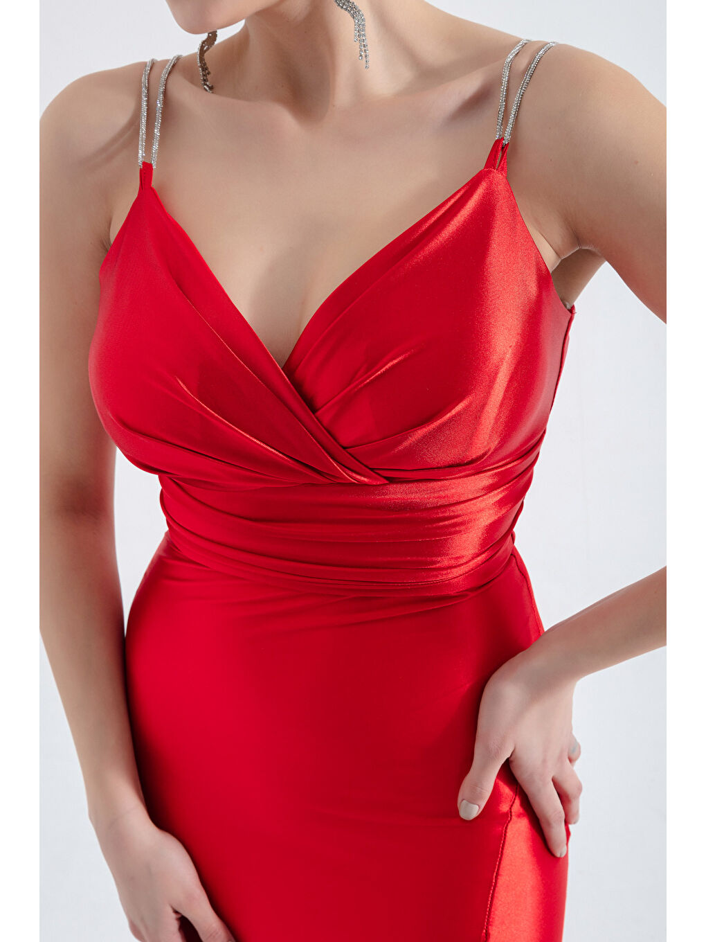 Kadın Kırmızı Taş Askılı Uzun Abiye Elbise-3