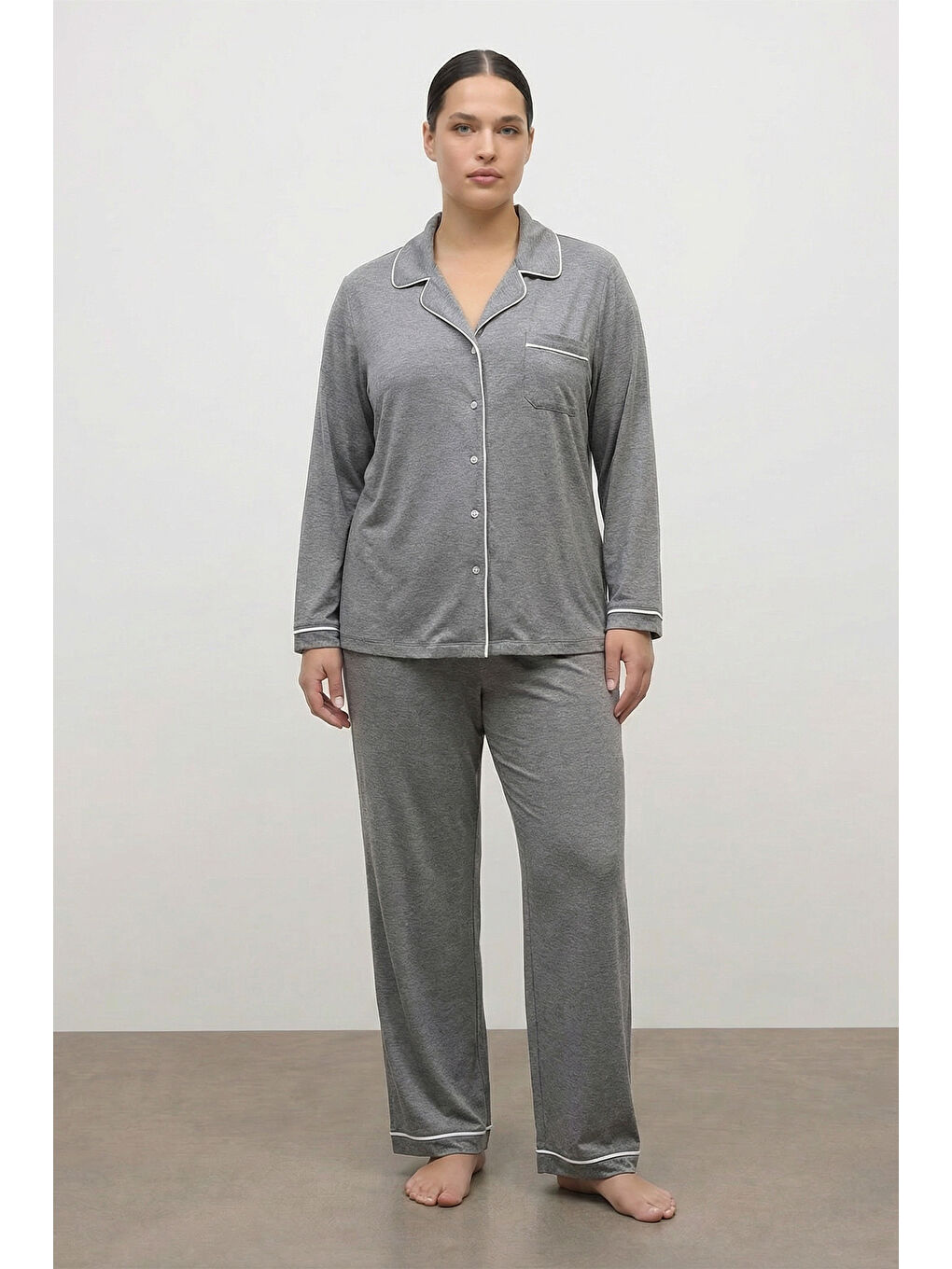 Gri Kontrast Biyeli Penye Pijama Takımı