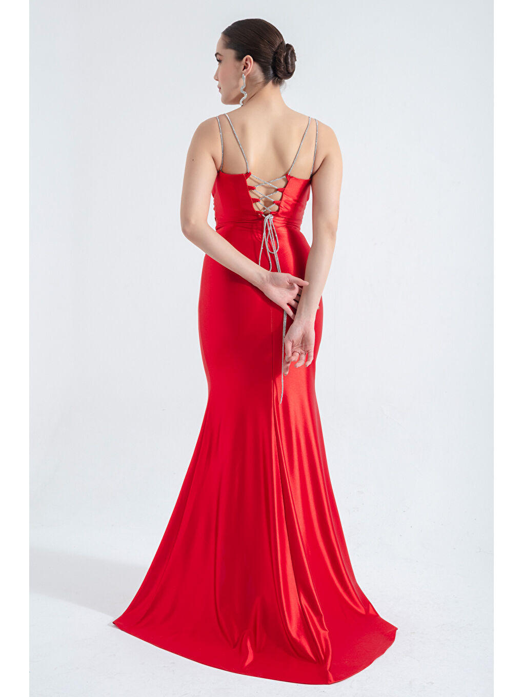 Kadın Kırmızı Taş Askılı Uzun Abiye Elbise-4