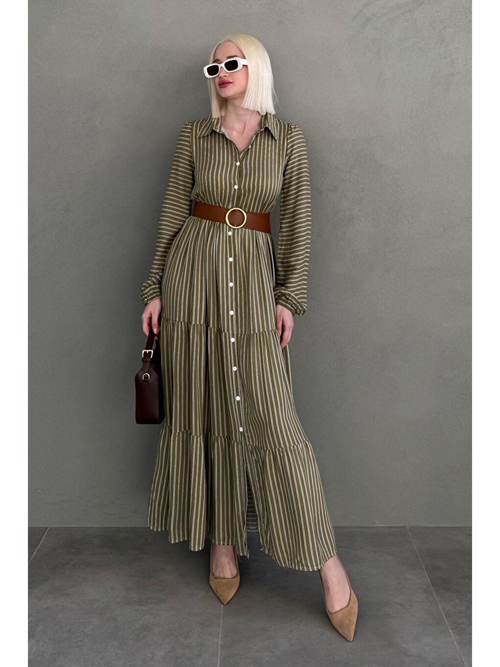 Haki Düğmeli Puantiyeli Uzun Elbise Mg2392-1