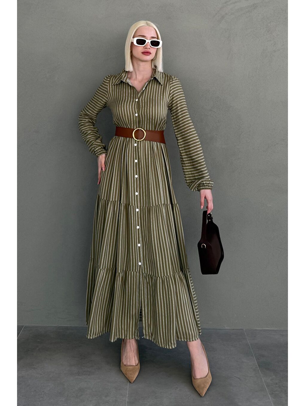 Haki Düğmeli Puantiyeli Uzun Elbise Mg2392-2