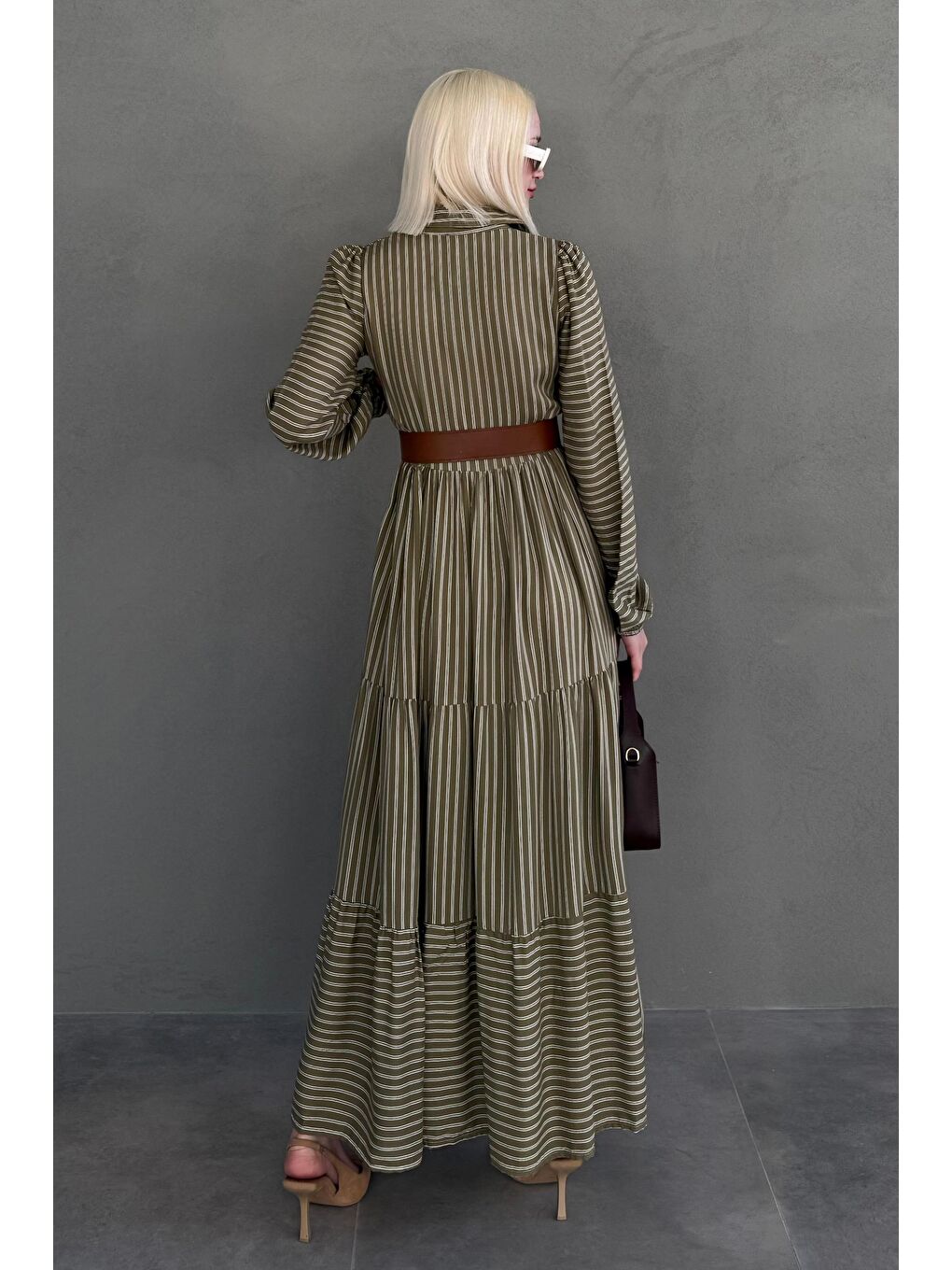 Haki Düğmeli Puantiyeli Uzun Elbise Mg2392-3