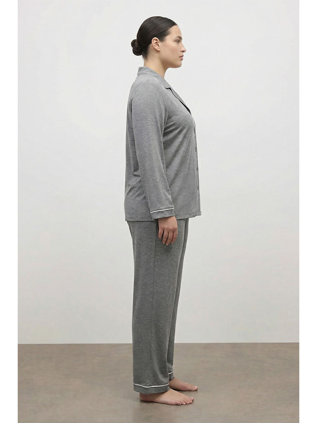 Gri Kontrast Biyeli Penye Pijama Takımı-2