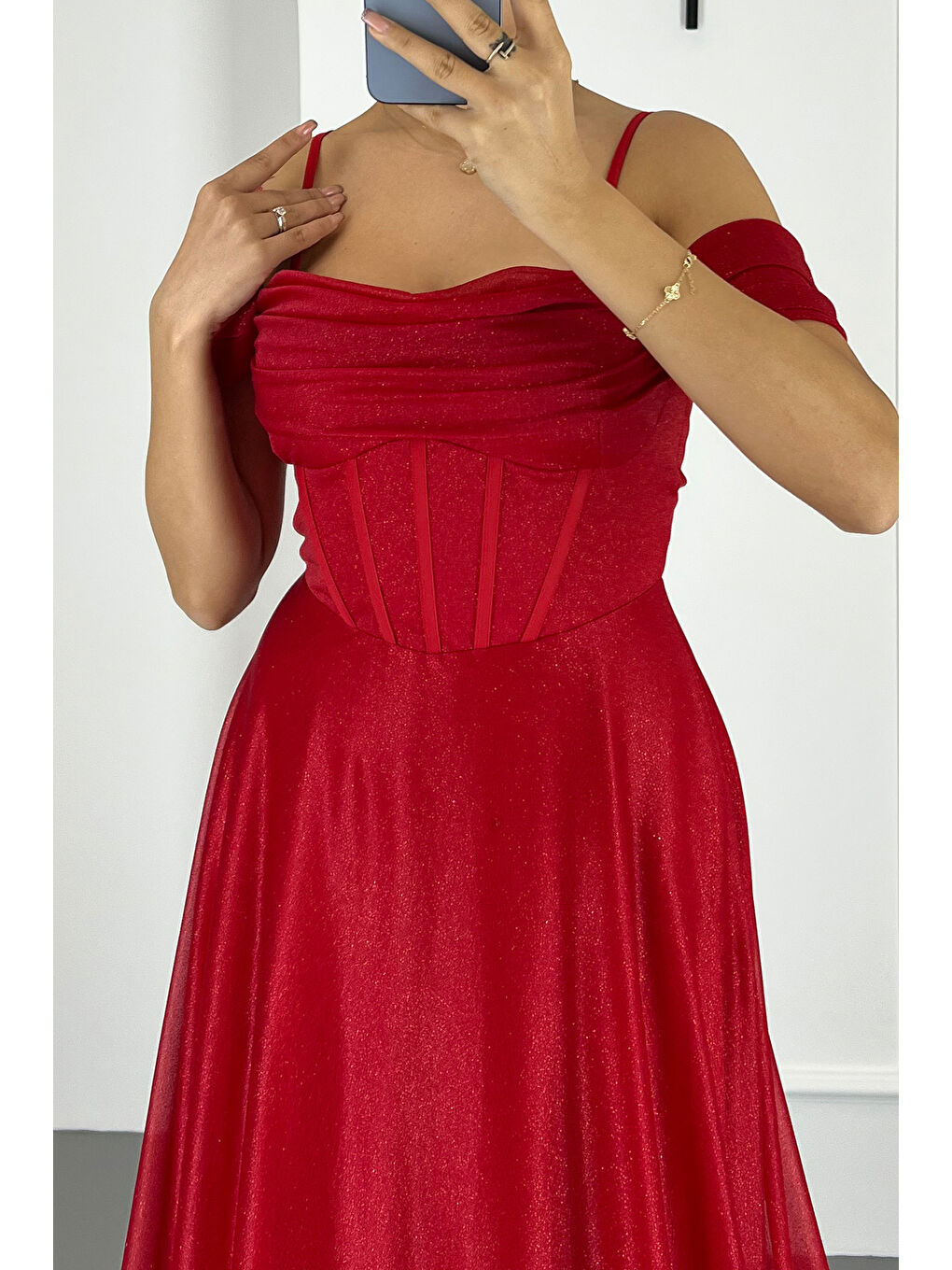 Kadın Kırmızı Askılı Simli Uzun Kloş Abiye Elbise-2