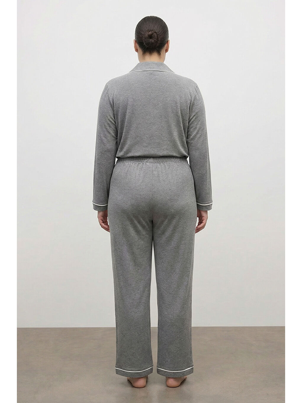 Gri Kontrast Biyeli Penye Pijama Takımı-3