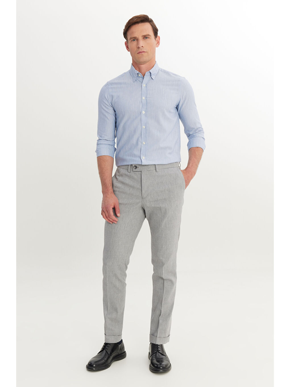 Erkek Gri Pamuklu Slim Fit Dar Kesim Yan Cepli Diagonal Desenli Casual Pantolon-1