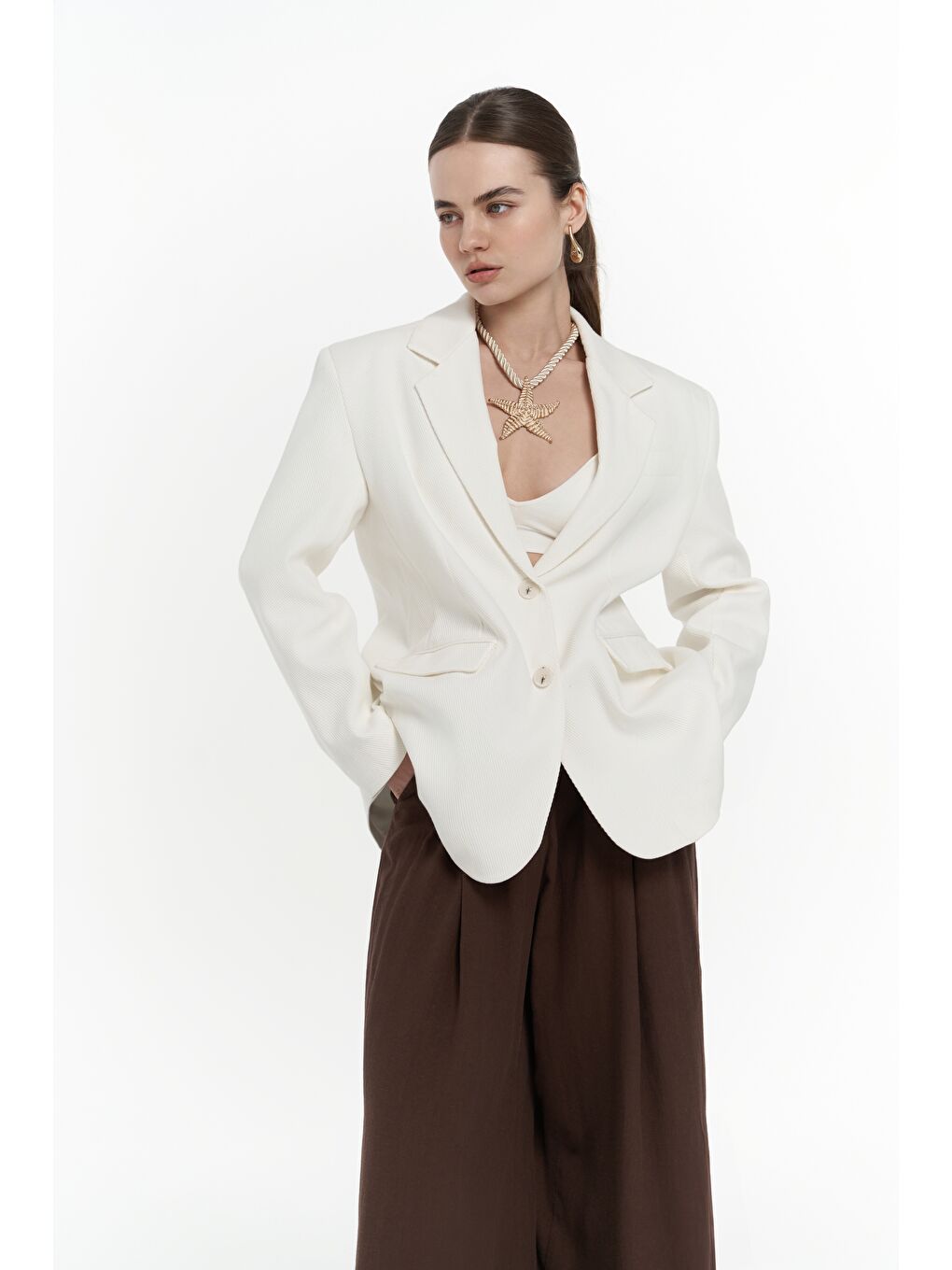 Symi Geniş Kesim Basic Ekru Blazer