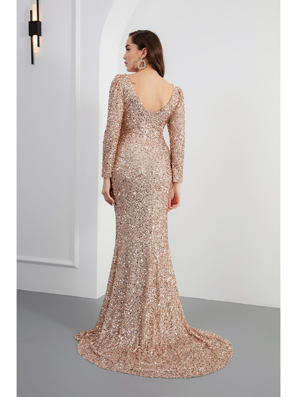 Sarı Kadın Gold Kruvaze Yaka Pul Payet Uzun Abiye Elbise-4