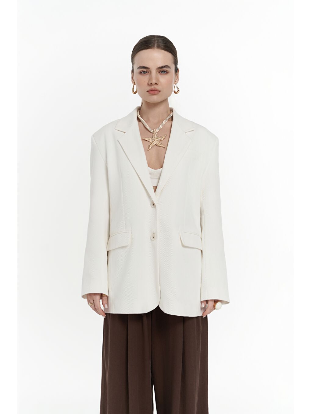 Symi Geniş Kesim Basic Ekru Blazer-1
