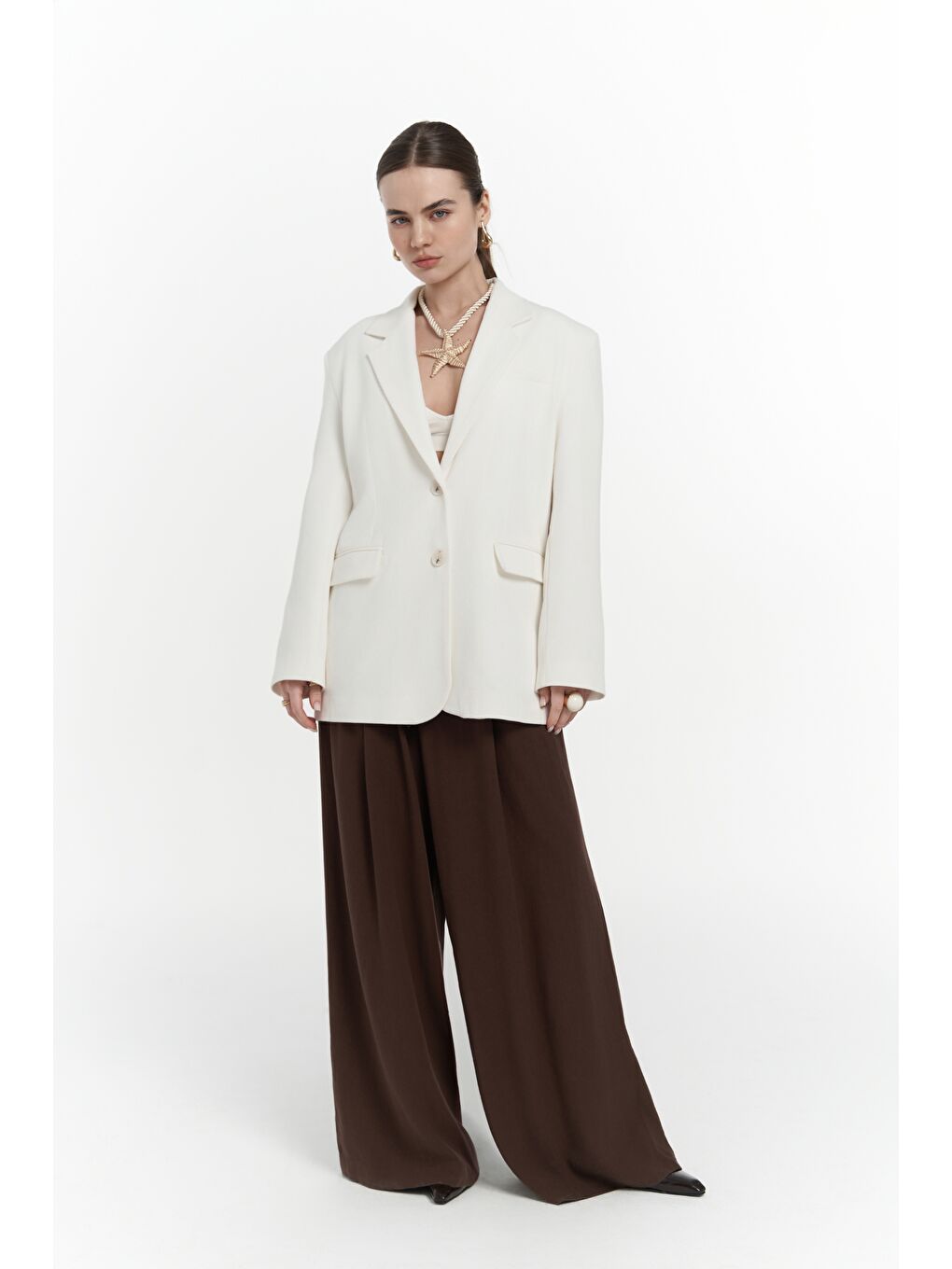 Symi Geniş Kesim Basic Ekru Blazer-2