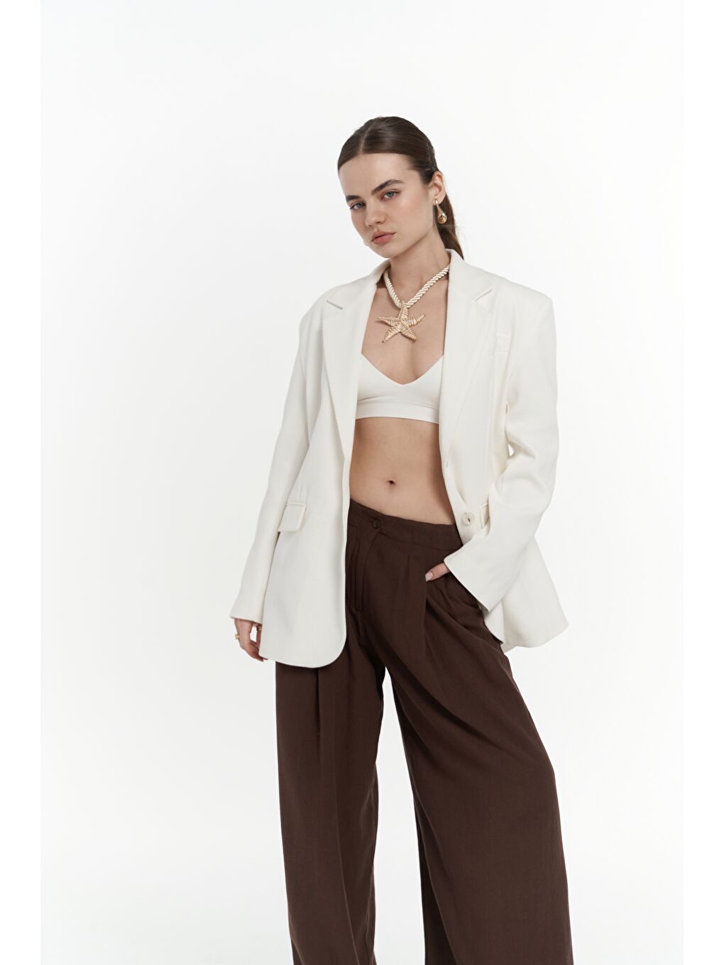 Symi Geniş Kesim Basic Ekru Blazer-6