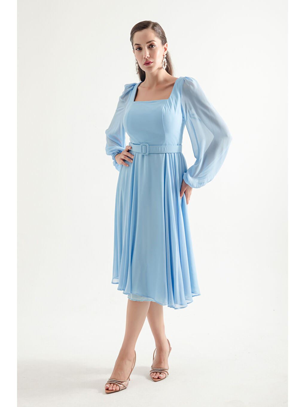 Kadın Bebe Mavi Kare Yaka Kemerli Midi Şifon Abiye Elbise-1