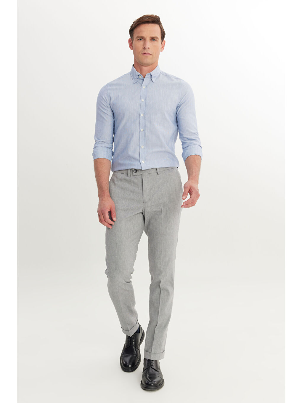 Erkek Gri Pamuklu Slim Fit Dar Kesim Yan Cepli Diagonal Desenli Casual Pantolon-2