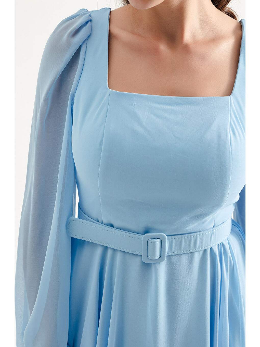 Kadın Bebe Mavi Kare Yaka Kemerli Midi Şifon Abiye Elbise-2