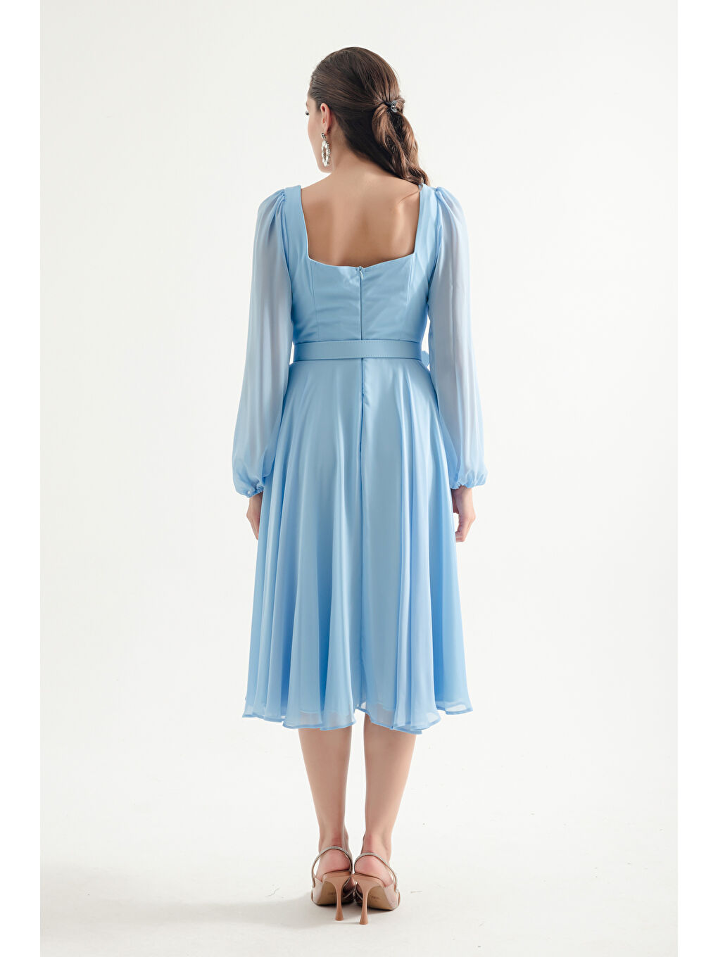 Kadın Bebe Mavi Kare Yaka Kemerli Midi Şifon Abiye Elbise-4