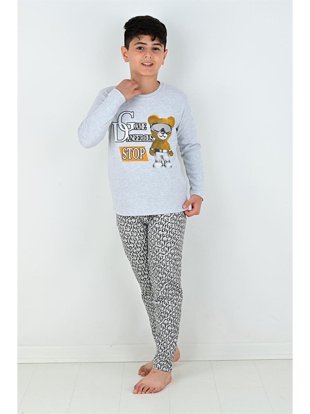 Gri Uzun Kollu Erkek Çocuk Game Dangerous Model Pijama Takımı-1