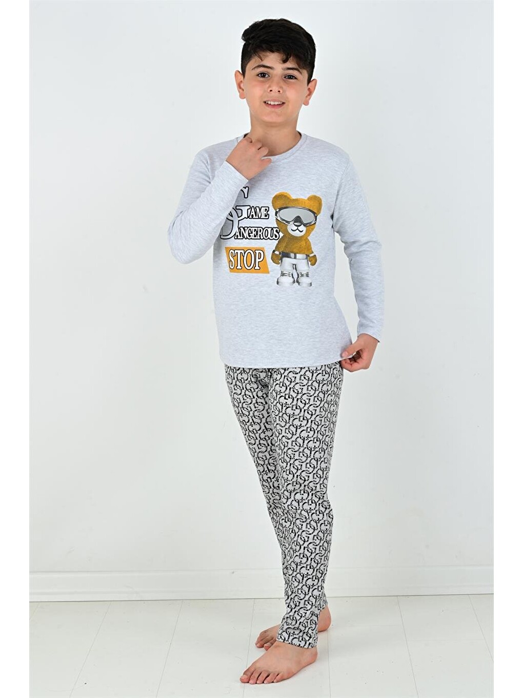 Gri Uzun Kollu Erkek Çocuk Game Dangerous Model Pijama Takımı-3