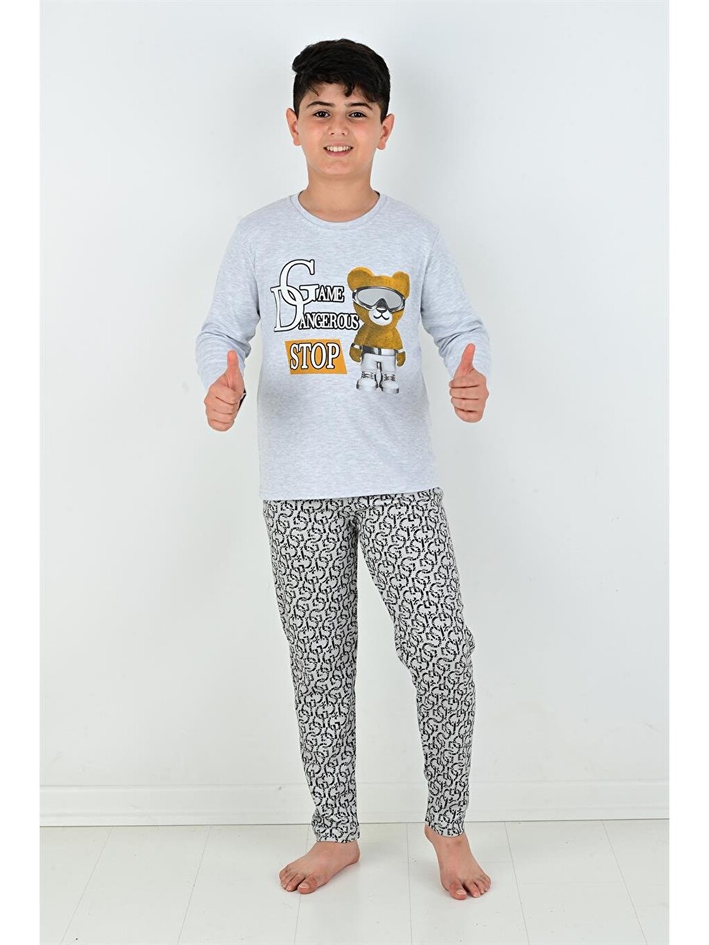 Gri Uzun Kollu Erkek Çocuk Game Dangerous Model Pijama Takımı-4