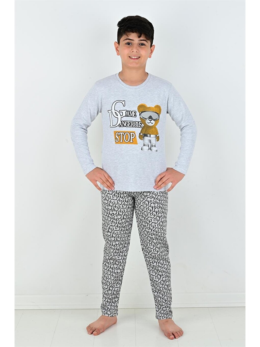 Gri Uzun Kollu Erkek Çocuk Game Dangerous Model Pijama Takımı-5