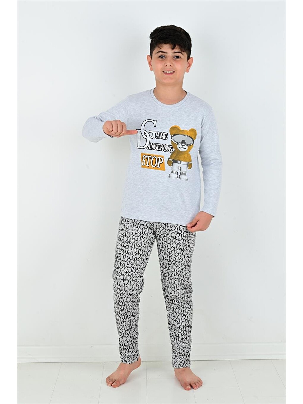 Gri Uzun Kollu Erkek Çocuk Game Dangerous Model Pijama Takımı-6