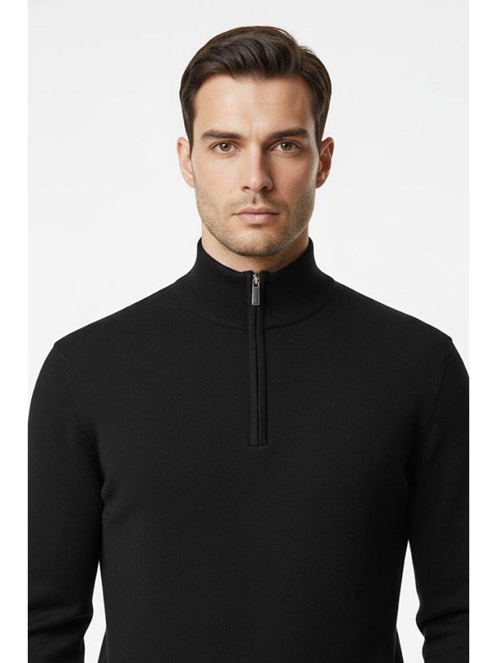 Siyah Regular Fit Pamuklu Fermuarlı Yarım Balıkçı Yaka Erkek Triko Kazak-2