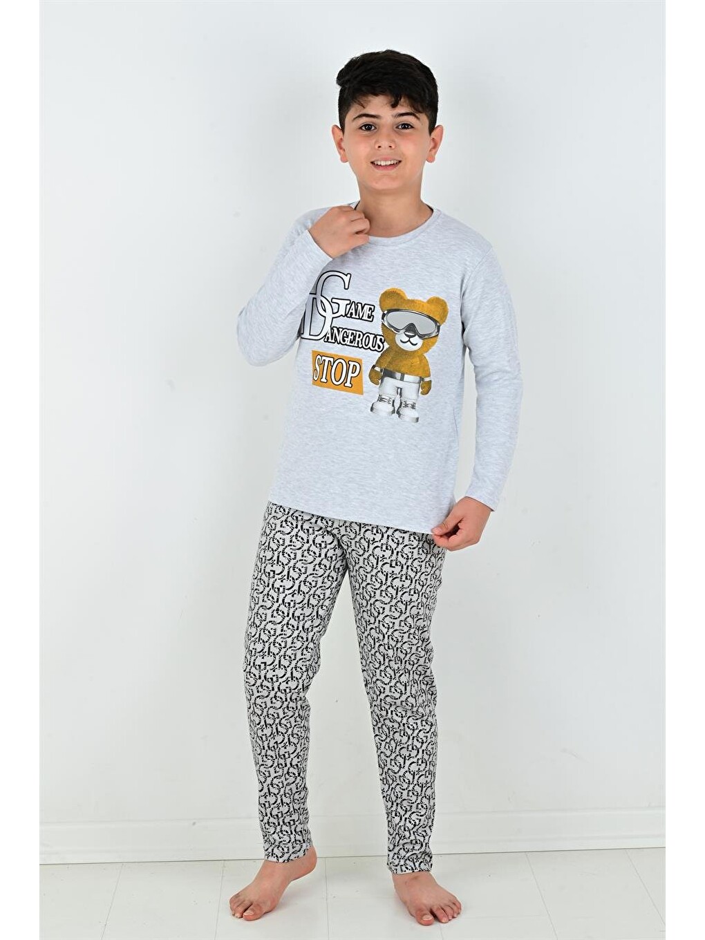 Gri Uzun Kollu Erkek Çocuk Game Dangerous Model Pijama Takımı-8
