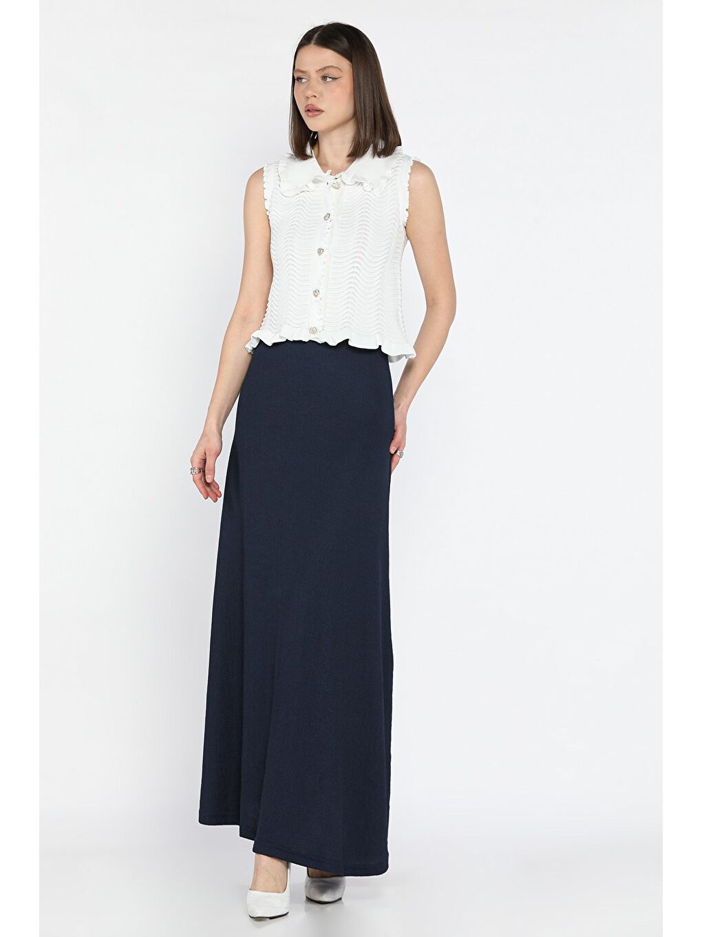 Lacivert Kadın Düz Renk Bel Lastikli Bürümcük Kiloş Etek-1