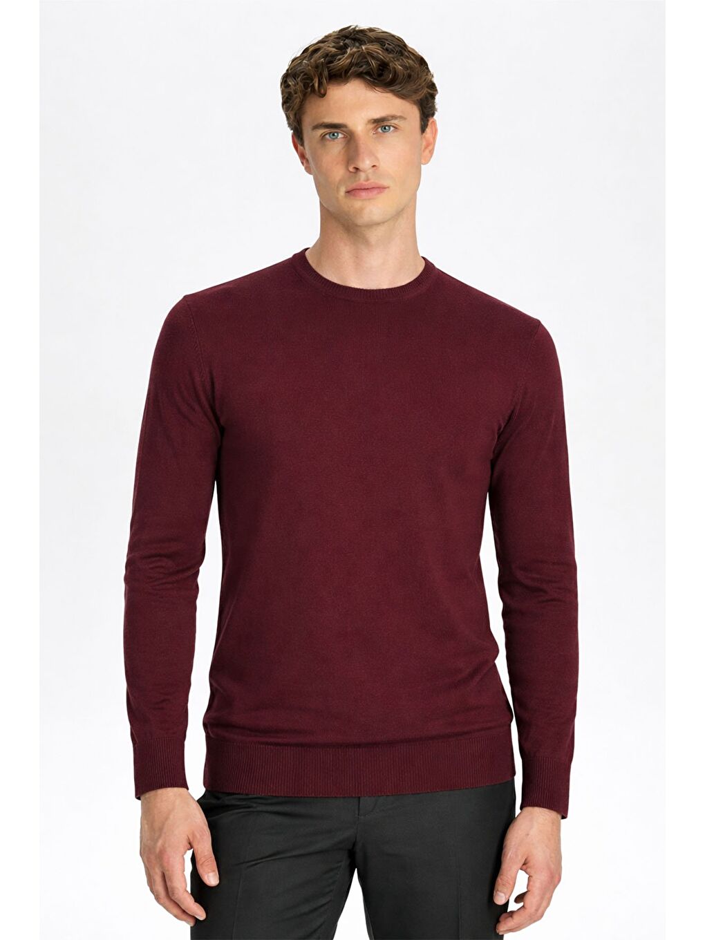 Standart Fit Mürdüm Yün Karışımlı Bisiklet Yaka Düz Desen Uzun Kol Triko Kazak