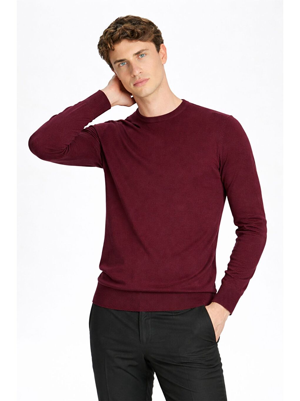 Standart Fit Mürdüm Yün Karışımlı Bisiklet Yaka Düz Desen Uzun Kol Triko Kazak-1