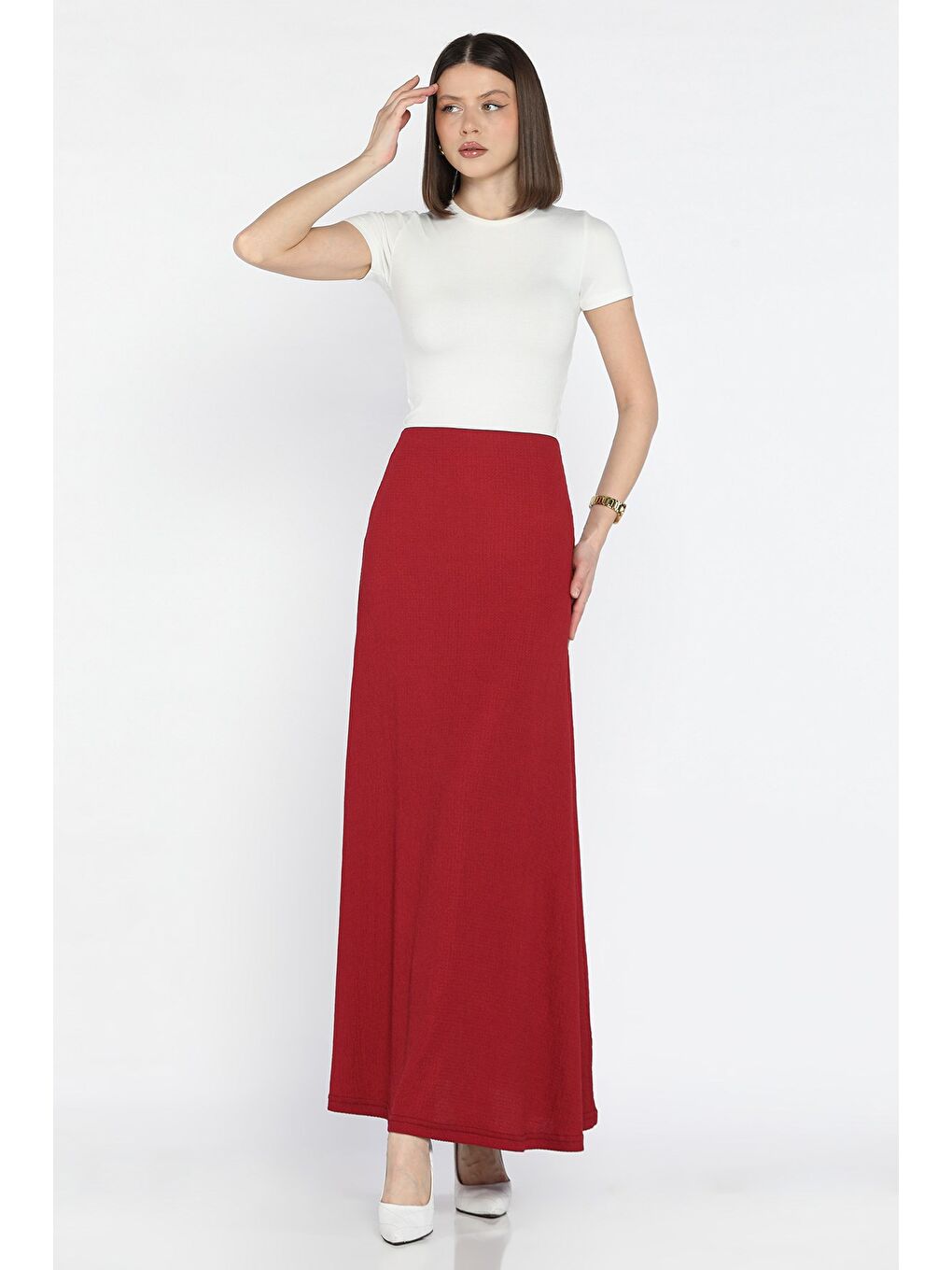 Bordo Kadın Düz Renk Bel Lastikli Bürümcük Kiloş Etek-1