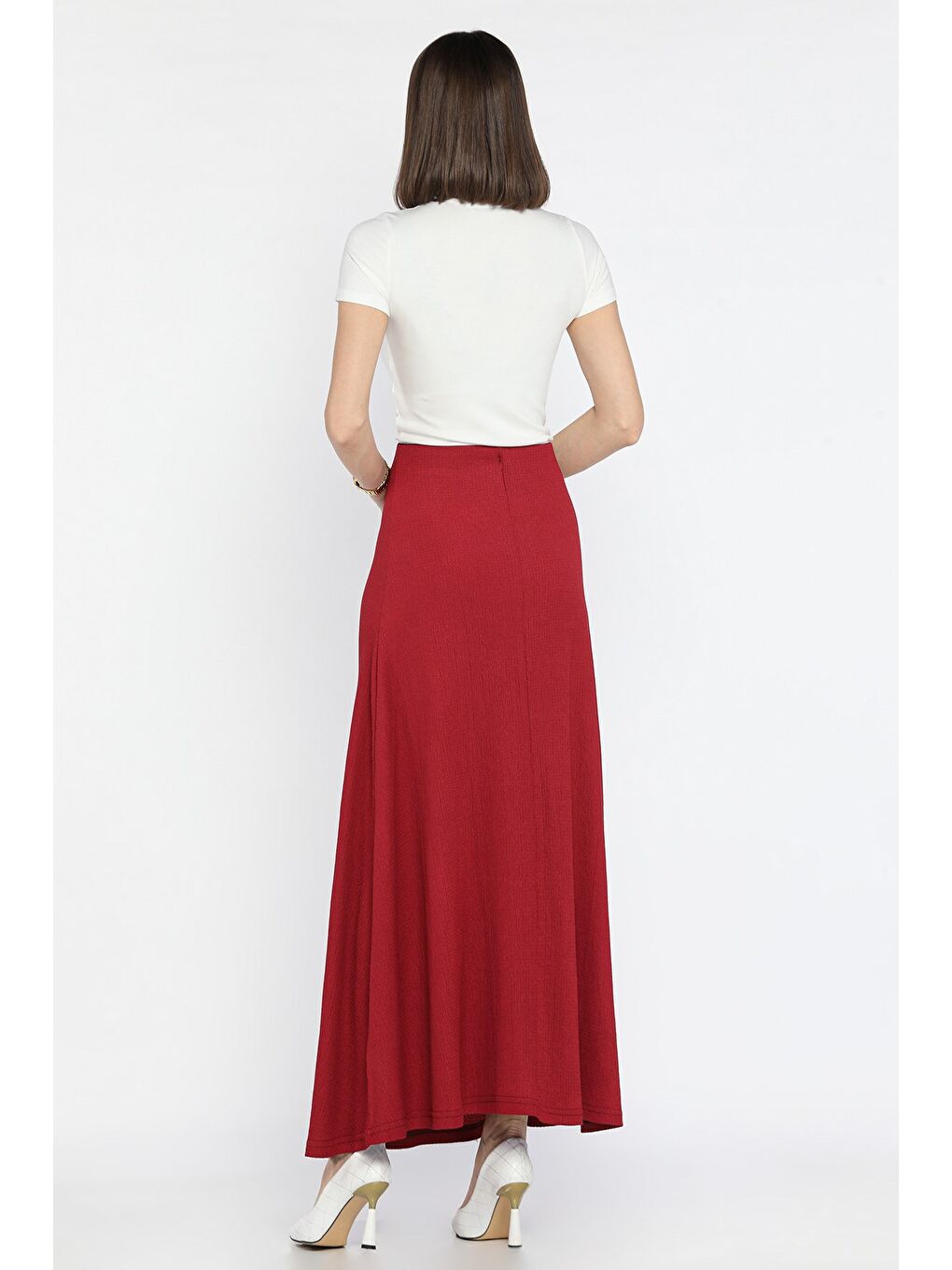 Bordo Kadın Düz Renk Bel Lastikli Bürümcük Kiloş Etek-2