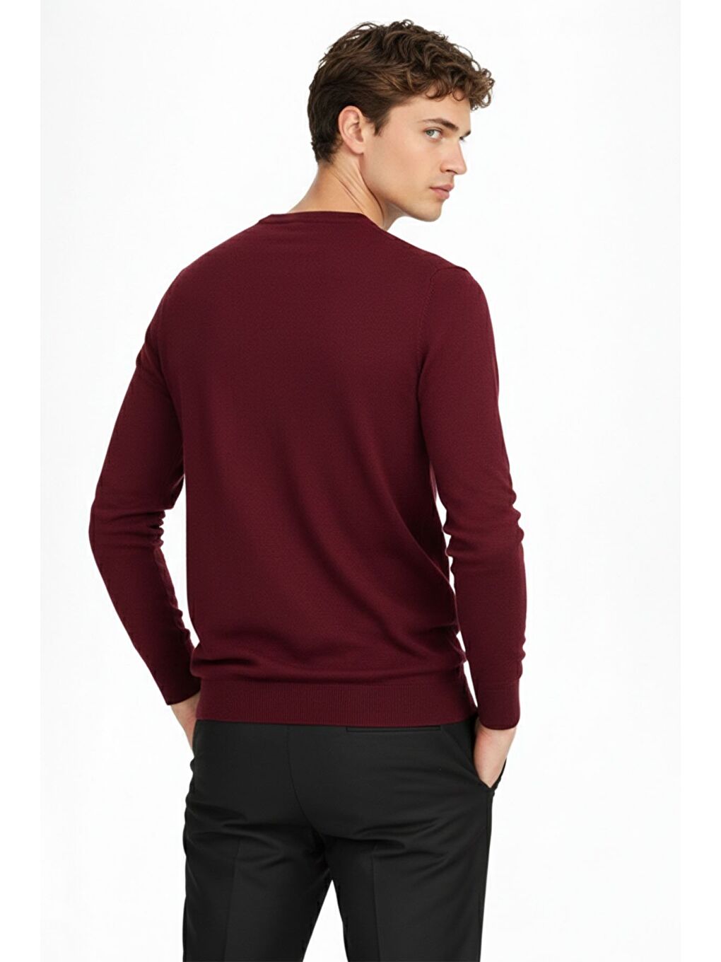 Standart Fit Mürdüm Yün Karışımlı Bisiklet Yaka Düz Desen Uzun Kol Triko Kazak-3