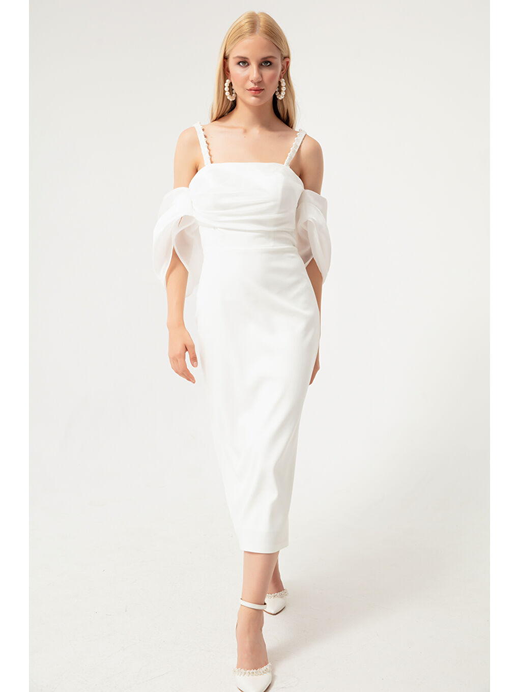 Kadın Beyaz Prenses Kol Boncuk Askılı Organze Midi Abiye Elbise