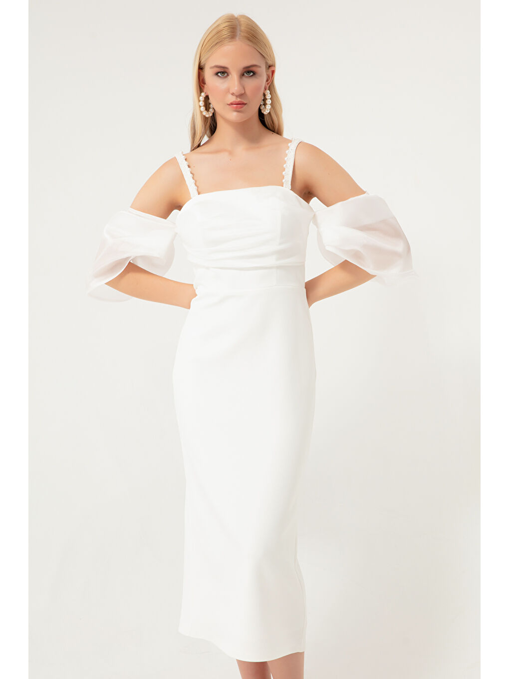 Kadın Beyaz Prenses Kol Boncuk Askılı Organze Midi Abiye Elbise-1