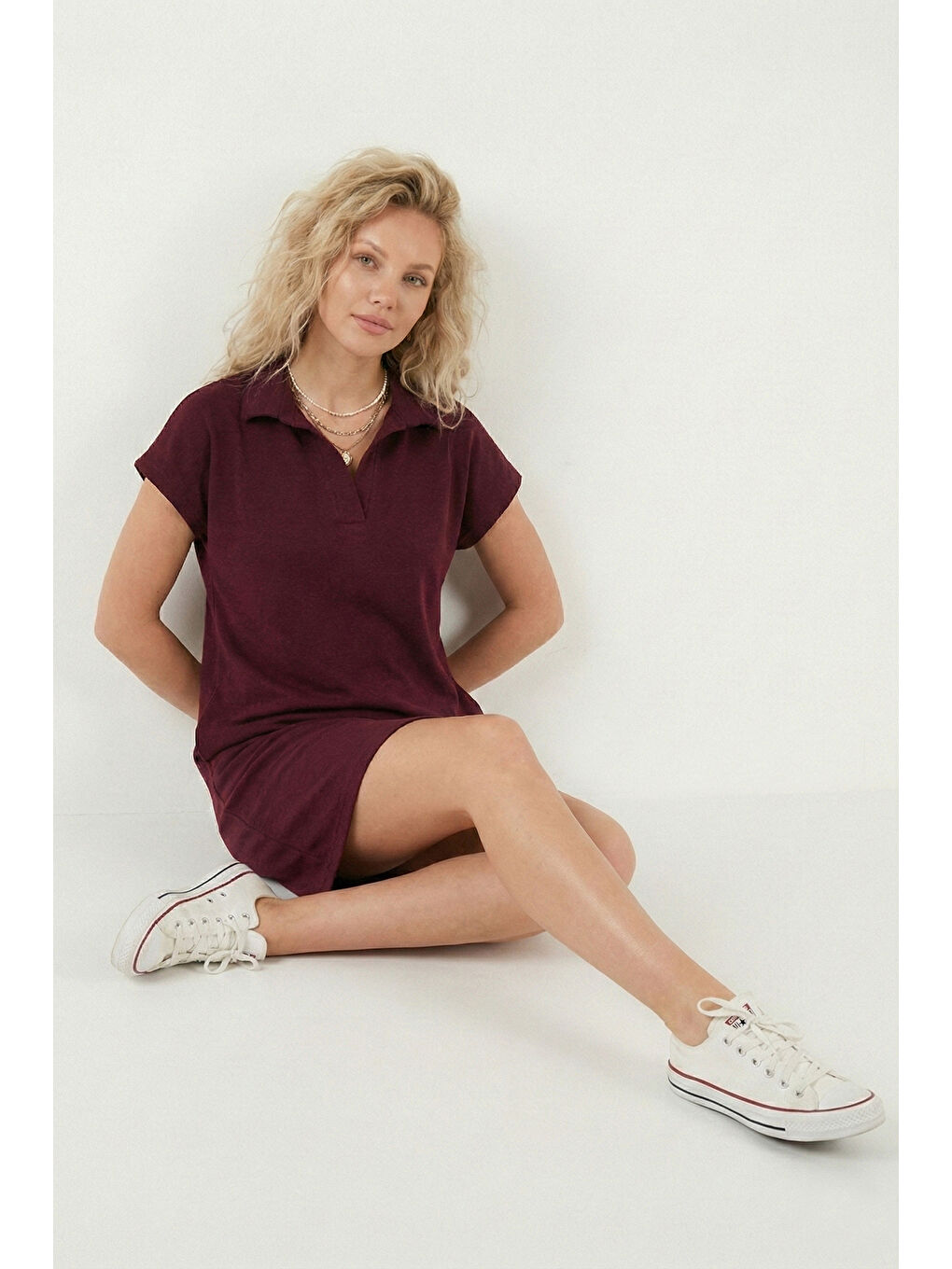 Bordo Regular Fit Polo Yaka Mini Kadın Elbise 5866153-1
