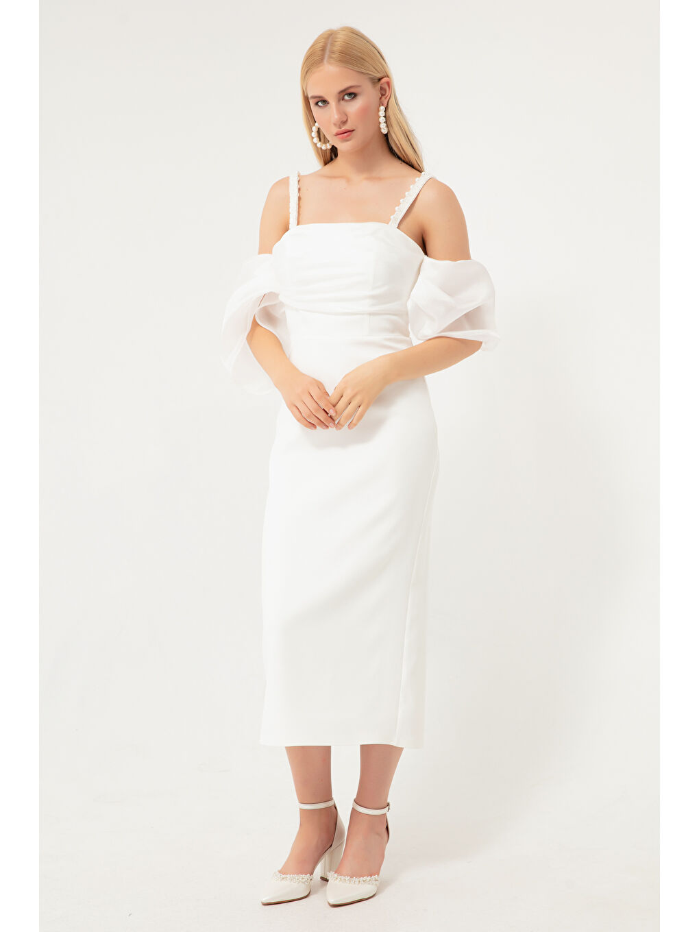 Kadın Beyaz Prenses Kol Boncuk Askılı Organze Midi Abiye Elbise-2