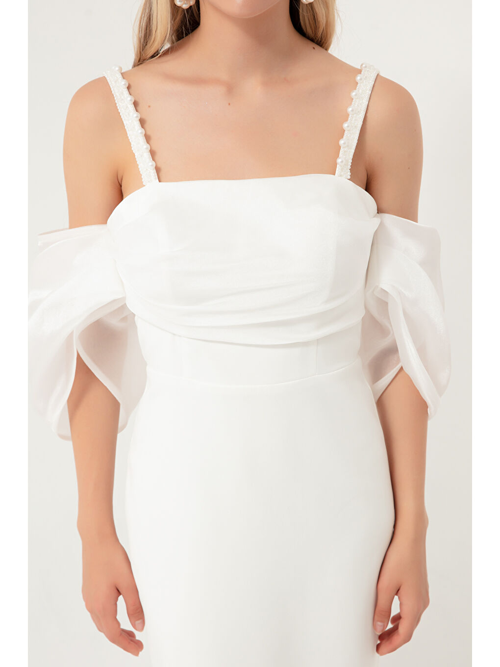 Kadın Beyaz Prenses Kol Boncuk Askılı Organze Midi Abiye Elbise-3
