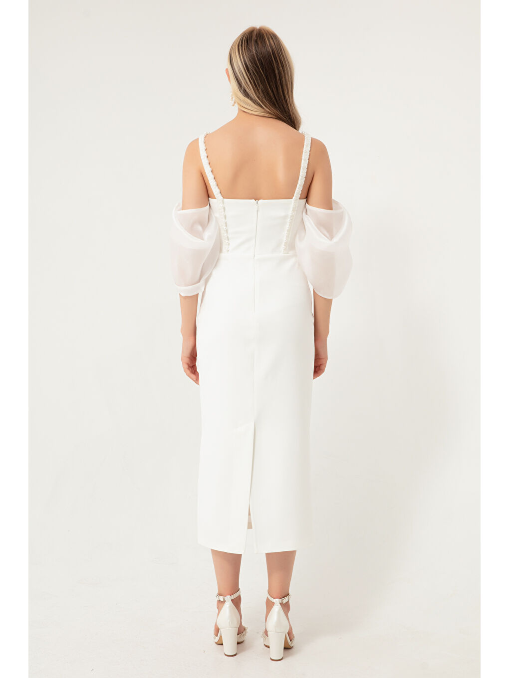 Kadın Beyaz Prenses Kol Boncuk Askılı Organze Midi Abiye Elbise-4