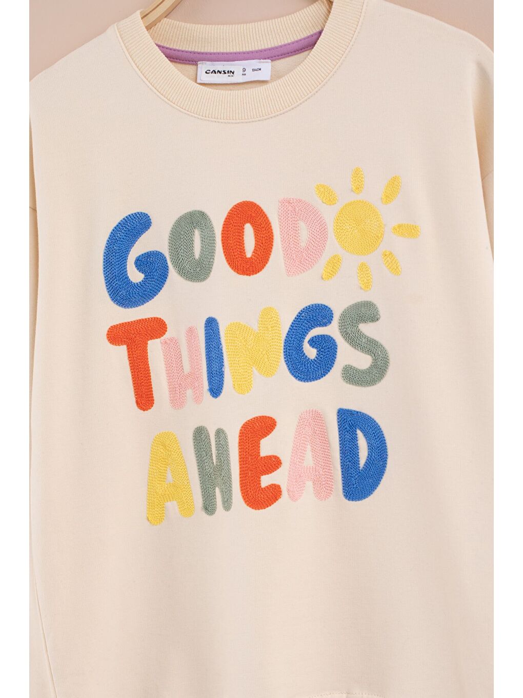 Ekru Krem Good Things Nakışlı Kız Çocuk Bisiklet Yaka Eşofman Takımı 23391-1